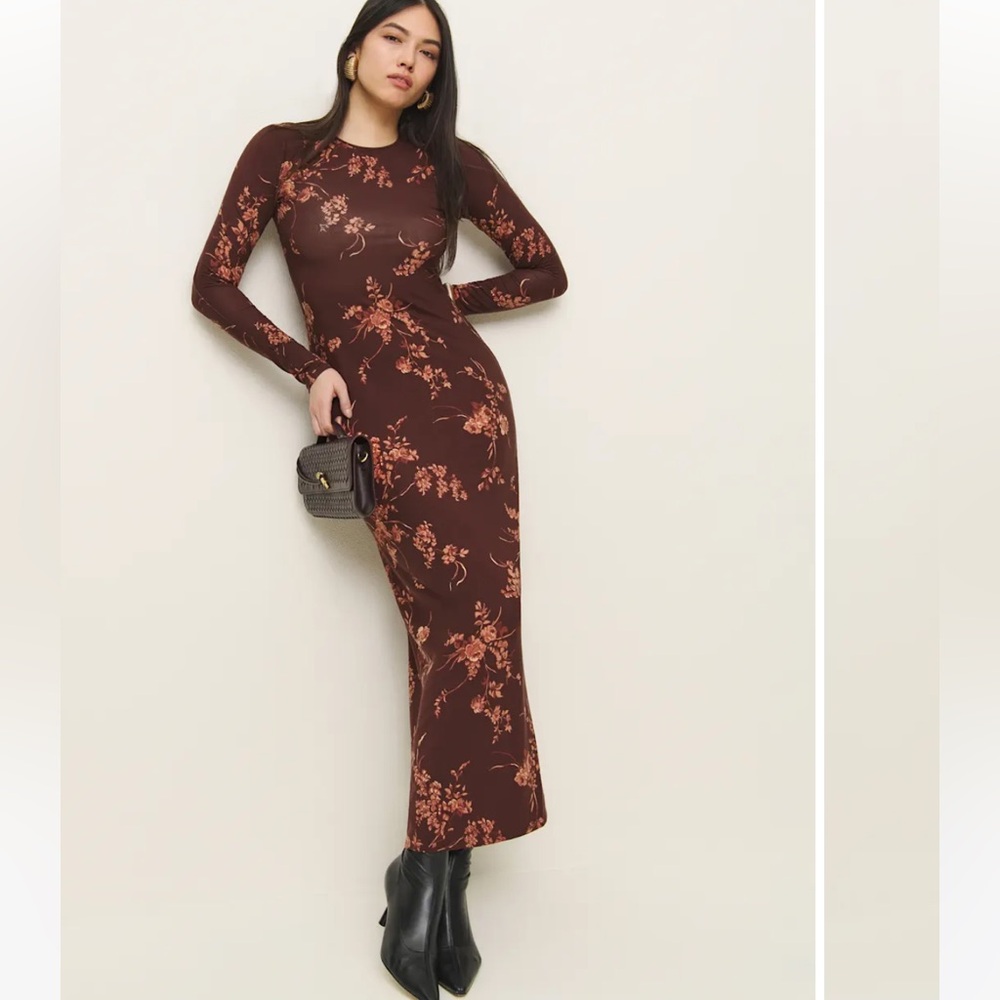 Reformation long sleeve maroon floral dress